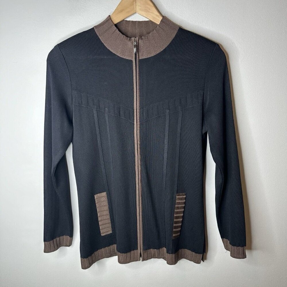 Exclusively Misook Cardigan Jacket Womens‎ XS Petite Black Brown Trim Full Zip